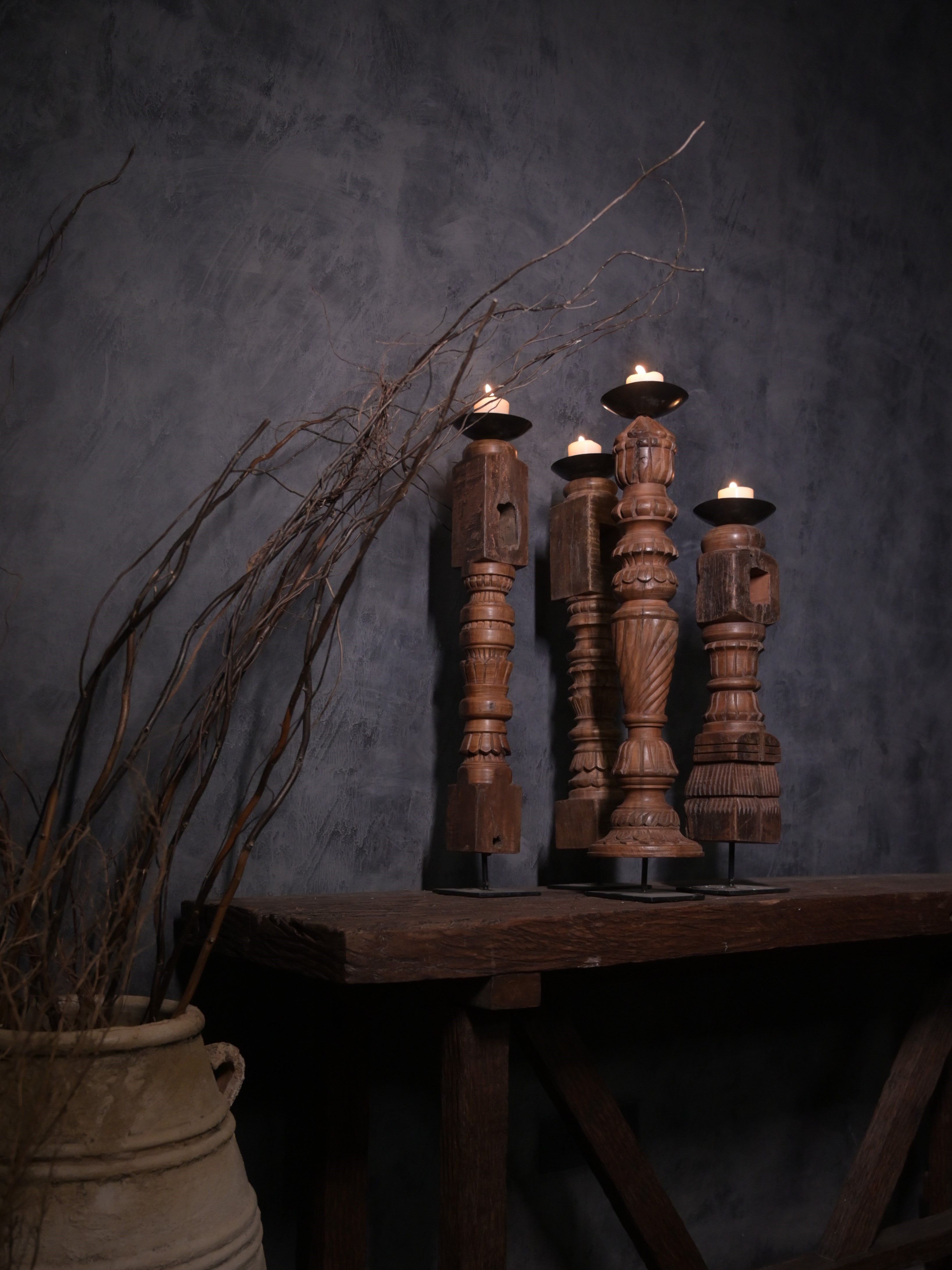 Wooden Carved Candlestands (Set of 4)